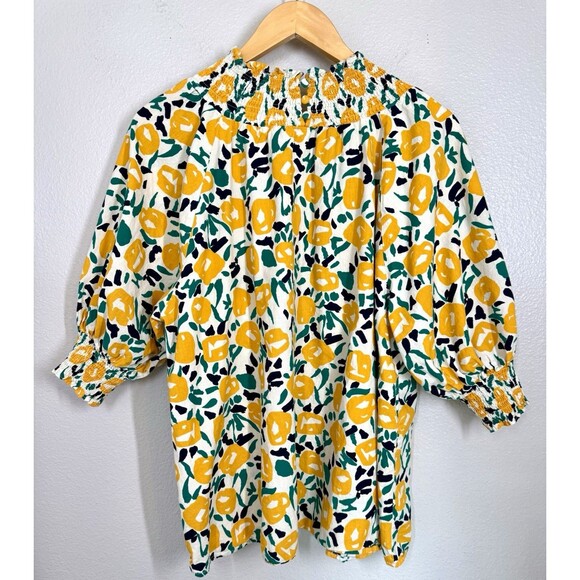 ODDY Womens Size 1XL Lemon Yellow Floral Print Blouse Puff Sleeves Spring Summer - Picture 7 of 10